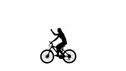 Portrait of female model. Black silhouette of girl showing victory gesture riding a bike. Isolated on white background with alpha channel.