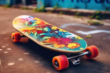 Poster Vintage retro skateboard with colorful wheels and graffiti-style design. Skateboard culture, urban cruising, retro skating, artistic deck. © Jelena