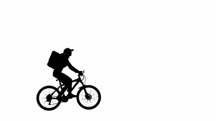 Naklejka premium Portrait of female model. Black silhouette of delivery girl in cap with backpack riding a bike. Isolated on white background alpha channel.