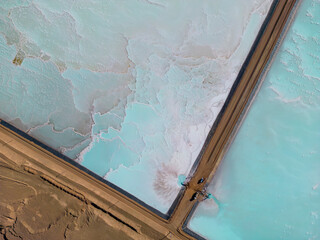 Aerial close up of lithium fields / evaporation ponds in the highlands of northern Argentina, South America - a surreal landscape where batteries are born