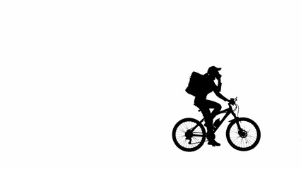 Portrait of female model. Black silhouette delivery girl with backpack on bike talking on smartphone. Isolated on white background alpha channel.