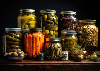 Row of glass tin jars with canned vegetables, food, vegetables