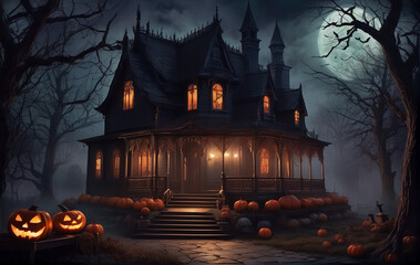 Fototapeta na wymiar A terrifying Halloween night with jack-o'-lanterns and vampire bats