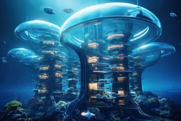 Futuristic underwater city with transparent domes and marine transportation. Subaquatic metropolis, aquatic living, underwater future, marine innovation. - obrazy, fototapety, plakaty