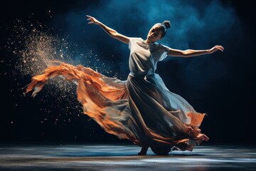 Expressive contemporary dance performance with fluid movements and vibrant costumes. Dance art, dynamic expression, modern choreography, artistic motion.