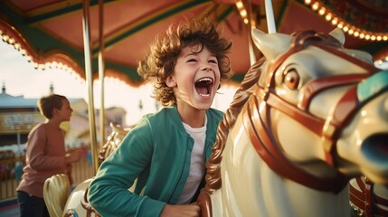 Fototapeta na wymiar A happy young white boy expressing excitement while on a colorful carousel, merry-go-round, having fun at an amusement park