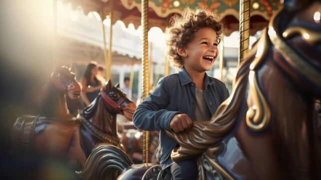  A happy young white boy expressing excitement while on a colorful carousel, merry-go-round, having fun at an amusement park