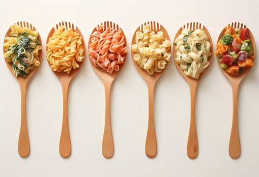 Various types of delicious pasta on spoons, assorted pasta