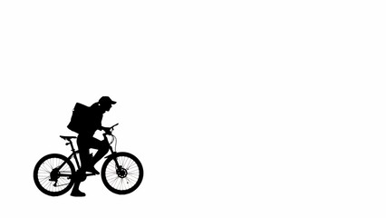 Portrait of female model. Black silhouette delivery girl with backpack gets on a bike. Isolated on white background with alpha channel.