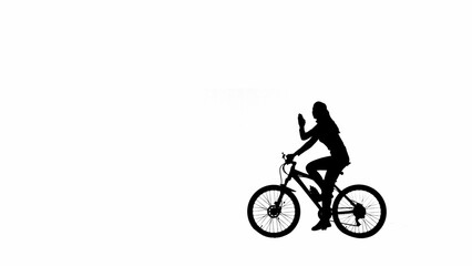 Fototapeta na wymiar Portrait of female model. Black silhouette of girl on a bike waving hand, greeting someone. Isolated on white background with alpha channel.