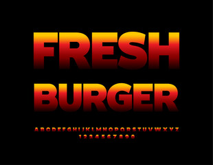 Vector advertising flyer Fresh Burger. Bright Flaming Font. Fire Alphabet Letters and Numbers set