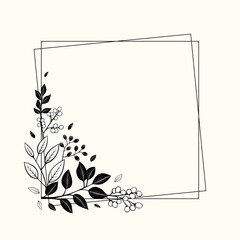 Monochrome botanical frame with leaves and berries for invitations, posters and wedding. Vector floral border wreath