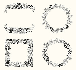 Set of monochrome botanical frames with leaves and berries for invitations, posters and wedding. Vector floral border wreath