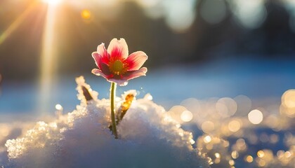 First blooming flower in the snow - obrazy, fototapety, plakaty