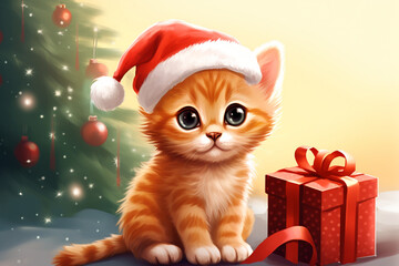 cute ginger kitten in a Santa hat with big blue eyes sits next to a beautifully packaged gift,