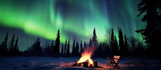 Foto op Aluminium Composite photo showing a comforting campfire under starry Northern Lights © Vusal