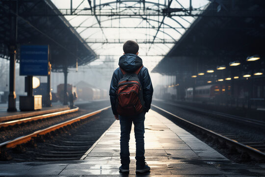 a teenage boy who ran away from home, scared, stands alone on the platform,