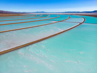 Aerial view of lithium fields / evaporation ponds in the highlands of northern Argentina, South...