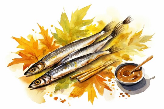Grilled saury and autumn leaves watercolor illustration. Generative AI