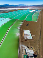 Aerial view of lithium fields / evaporation ponds in the highlands of northern Argentina, South America - a surreal, colorful landscape where batteries are born