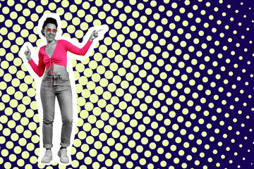 Stylish artwork with happy woman dancing and pointing at something on color background. Space for text