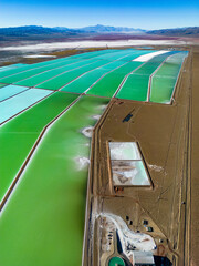 Aerial view of lithium fields / evaporation ponds in the highlands of northern Argentina, South...