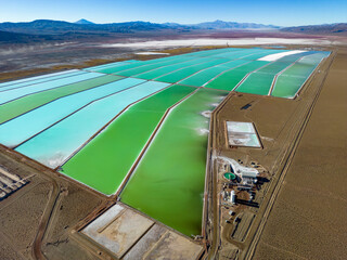 Aerial view of lithium fields / evaporation ponds in the highlands of northern Argentina, South America - a surreal, colorful landscape where batteries are born