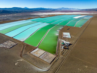 Aerial view of lithium fields / evaporation ponds in the highlands of northern Argentina, South...