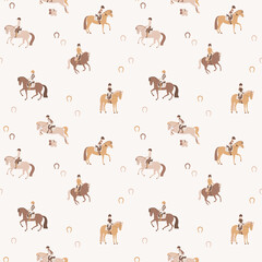 Young riders learn to ride a pony, seamless vector pattern