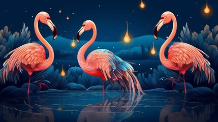 Dark blue luxury art background with flamingo birds.Generative AI