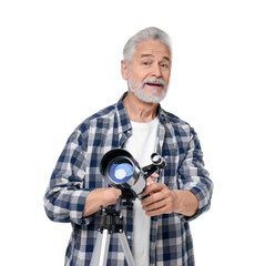 Senior astronomer with telescope on white background