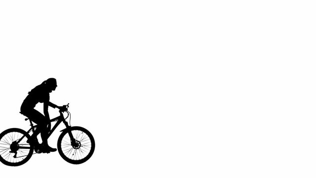 Black silhouette of girl riding a bicycle drinking from bottle. Isolated on white background with alpha channel. Portrait of girl on a bike.