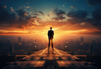 a man stands on the roof of a skyscraper overlooking the metropolis,young businessman looking city sunlight . - obrazy, fototapety, plakaty