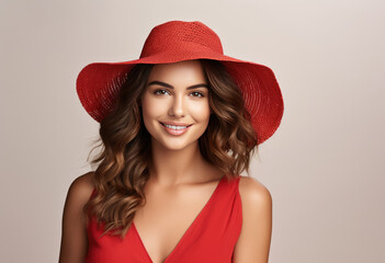 Beautiful girl in a red dress and wearing a straw hat is smiling happily in summer on white background
