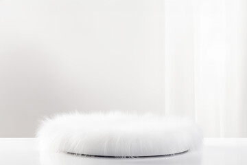 Empty round white fur podium for presentation on white background. Show case for natural cosmetic products. Scene stage for product, promotion sale and presentation. Template - obrazy, fototapety, plakaty