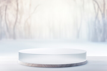 Empty round podium for presentation on background of calming, white winter landscape. Show case for natural cosmetic products. Scene stage for product, promotion sale and presentation