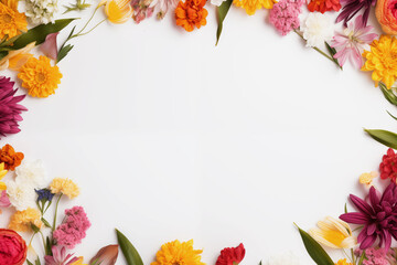 Floral composition with a border colorful flowers. Top view in flat lay style. Wedding frame with copy space
