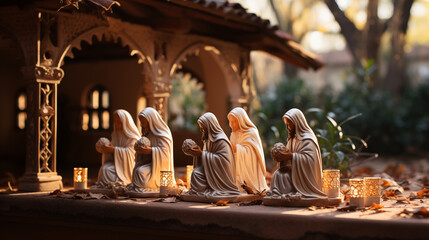 A serene outdoor nativity scene, capturing the essence of the season and the meaning of Christmas on a peaceful morning - obrazy, fototapety, plakaty