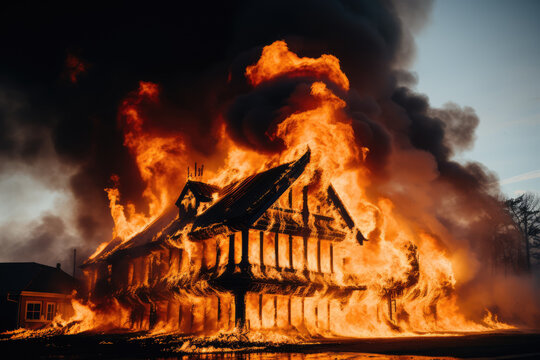 Wooden house or barn burning on fire at night. High quality photo