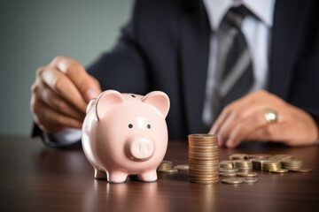 Businessman putting coin to pink piggy bank with increasing coins stacking on table , Money saving and deposit for investment to get profit and dividend concept