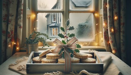 Traditional British shortbread cookies arranged in front of a vintage English house window.
