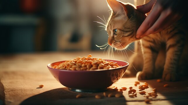 A Bowl of Delicious Treats, a photo realistic image of an orange tabby cat being petted by a hand while it investigates a pink bowl of treats