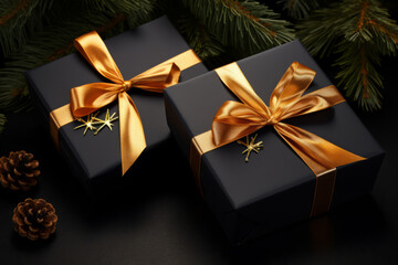 Luxurious black and gold presents, a symbol of warmth, love, and thoughtful giving during the holiday season.