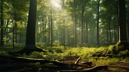 stunning view of a lush, green forest, with a few rays of sunlight shining through the trees