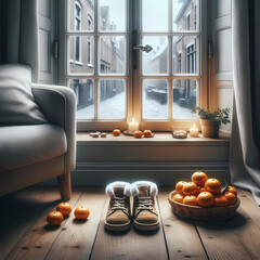 Scène de Saint-Nicolas : des chaussures au pied de la fenêtre entourée de mandarines. - obrazy, fototapety, plakaty