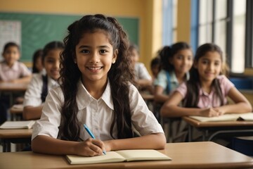 Smiling arabic or indian schoolgirl sitting at desk at school classroom - obrazy, fototapety, plakaty