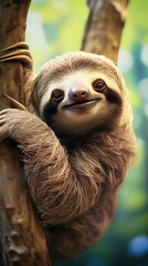 Cute sloth hanging on a tree in the rainforest.
