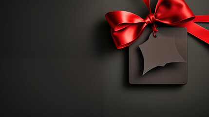 Black gift box with red ribbon and bow on black background. Black friday concept.
