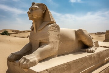 A legendary statue with the head of a human and the body of a lion, located at the Giza Plateau in Egypt. Generative AI
