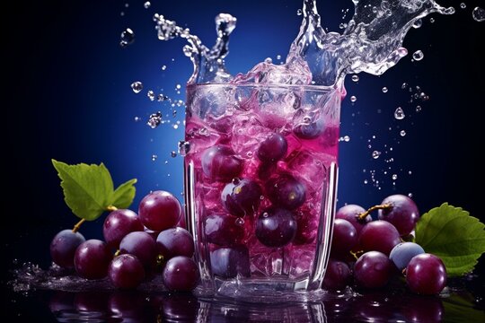 Refreshing grape water splash with clean infusion and ice cubes, promoting a healthy and detoxifying soft drink. Generative AI